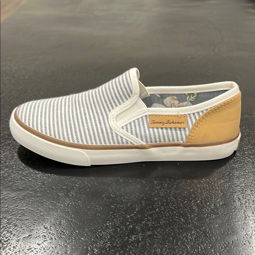 Tommy Bahama Blue and Tan Striped Slip-On Sneakers